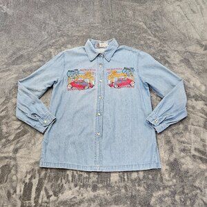 Vintage Get Your Kicks On Route 66 Long Sleeve Denim Shirt womens medium Cars